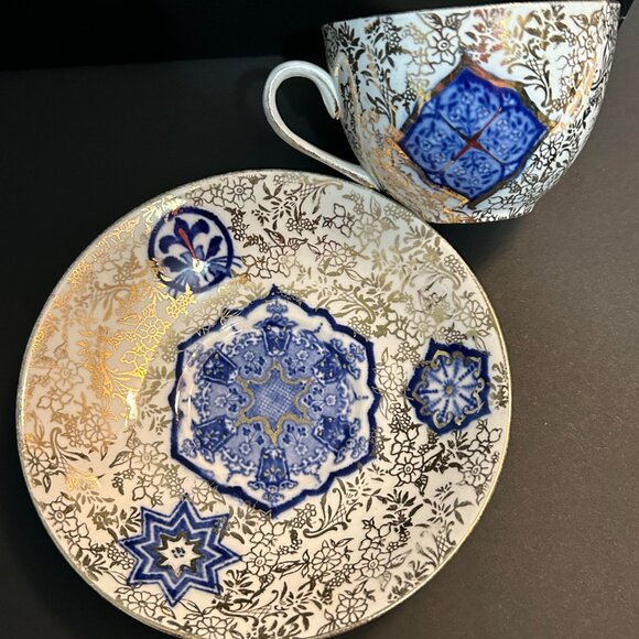 Fenton Osaka Vintage White Blue Gold Tea Cup & Saucer from 1910, England - Picture 3 of 8